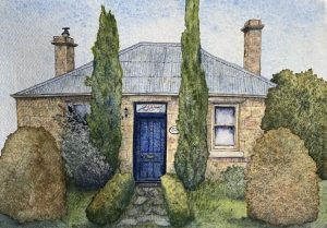 Georgian cottage with a blue door flanked by pencil pines. Two chimneys on the roof and manicured shrubs complete the charming watercolour painting.